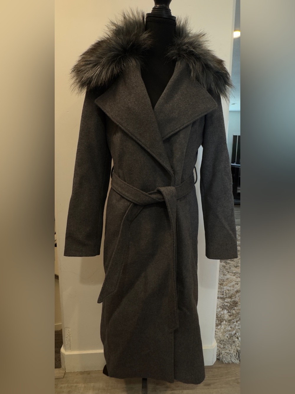 Karl Lagerfeld Charcoal Gray Trench Coat with Faux Fur Collar